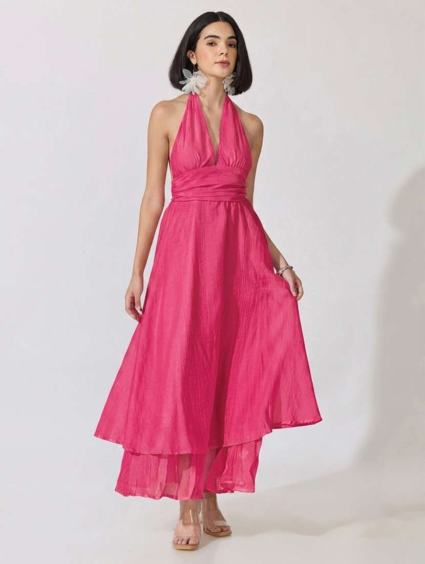Women Solid Halter Neck Layered Dress - 22619460 -  Standard Image - 2