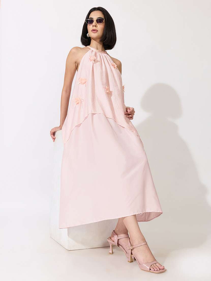 women solid applique detailed halter neck layered dress