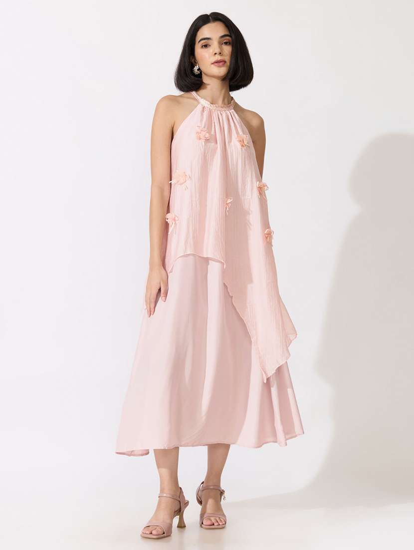 Women Solid Applique Detailed Halter Neck Layered Dress - 22619470 -  Standard Image - 2