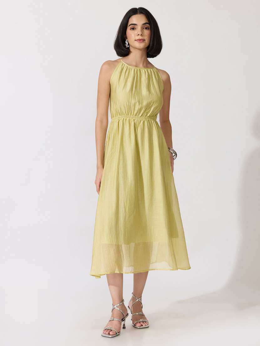 Women Self Design Halter Neck Fit And Flare Dress - 22619472 -  Standard Image - 2