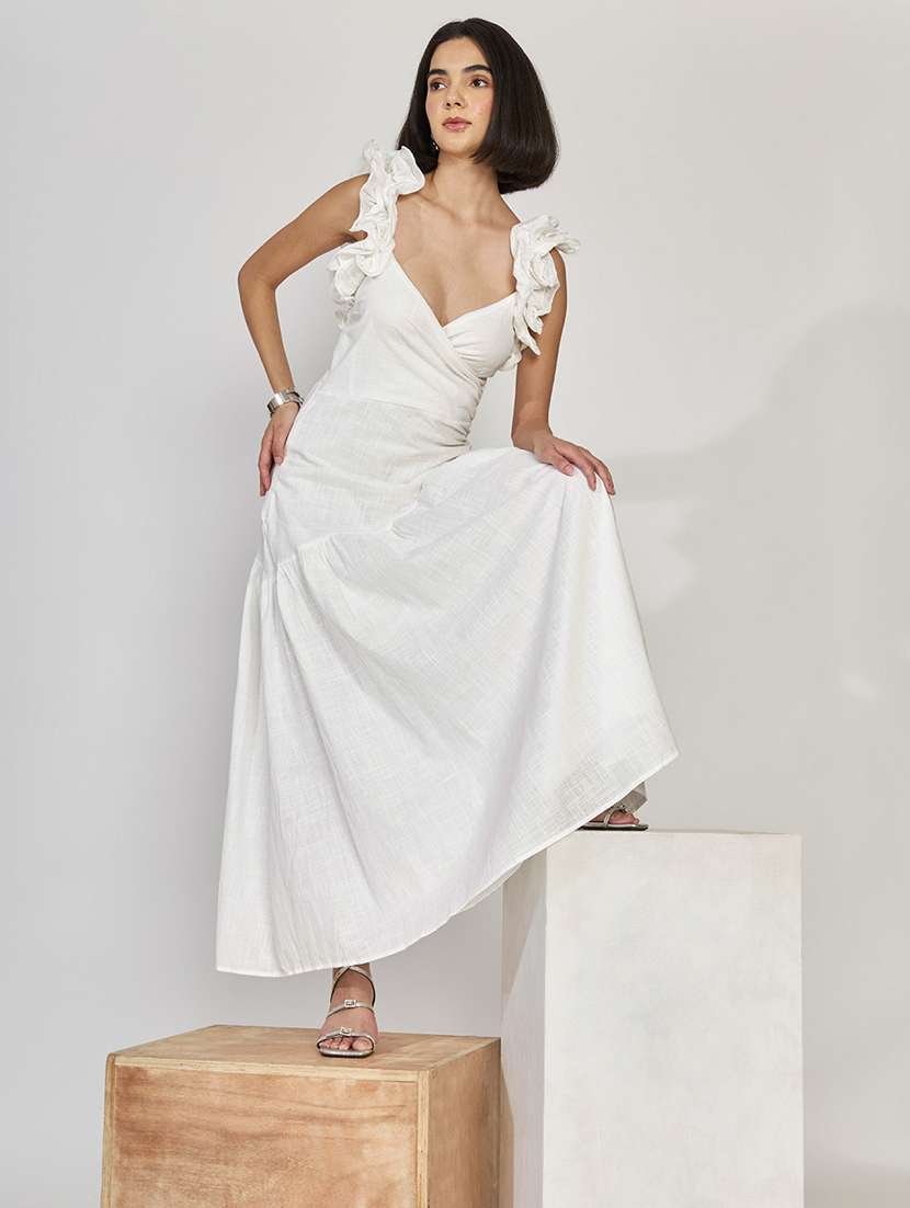 women solid detailed sleeveless fit and flare dress