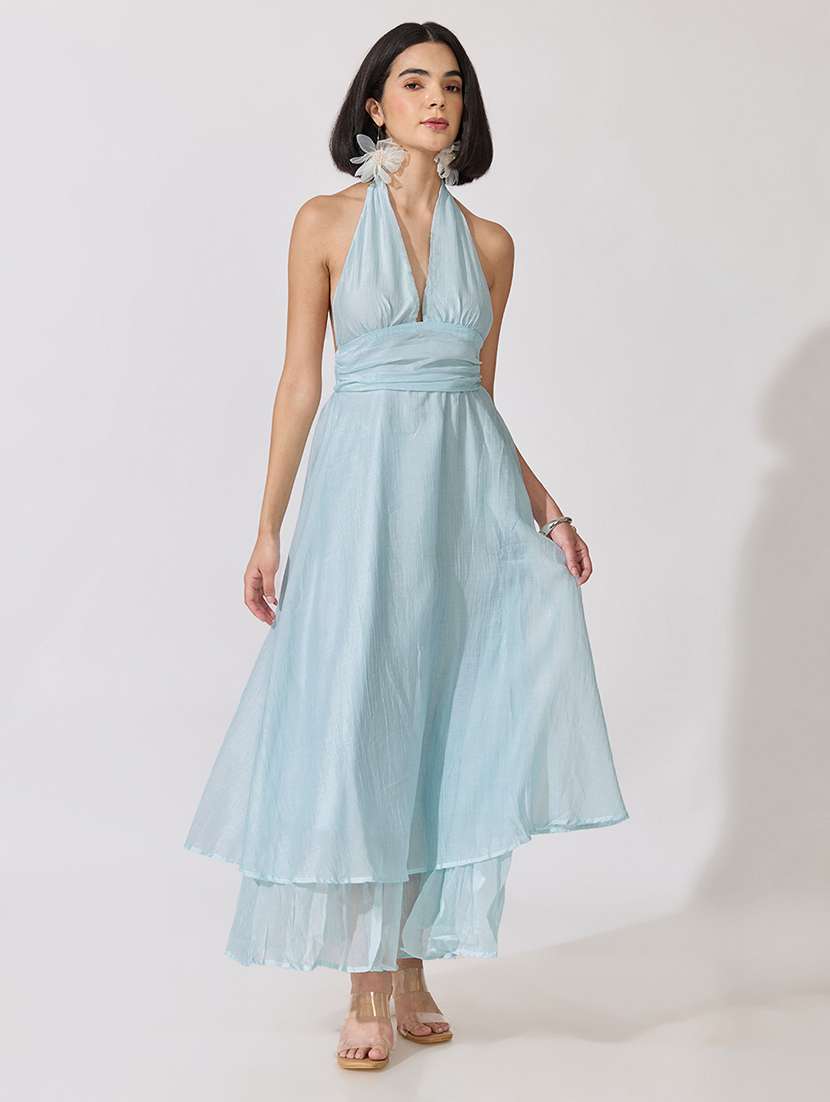 Women Solid Halter Neck Layered Dress - 22619475 -  Standard Image - 2