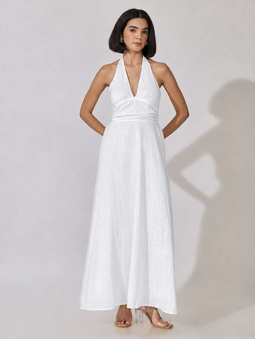 Women Solid Halter Neck Fit And Flare Dress - 22619477 -  Standard Image - 2