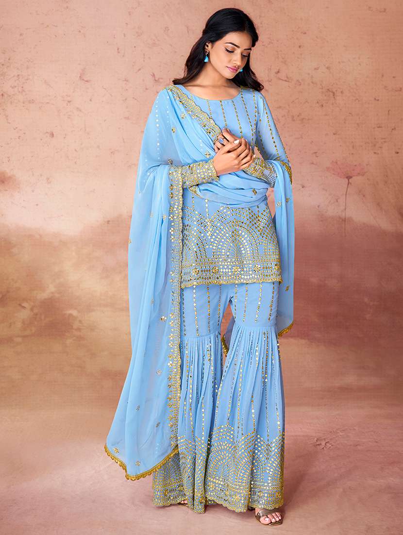 women embroidered long sleeves kurta sharara set with dupatta