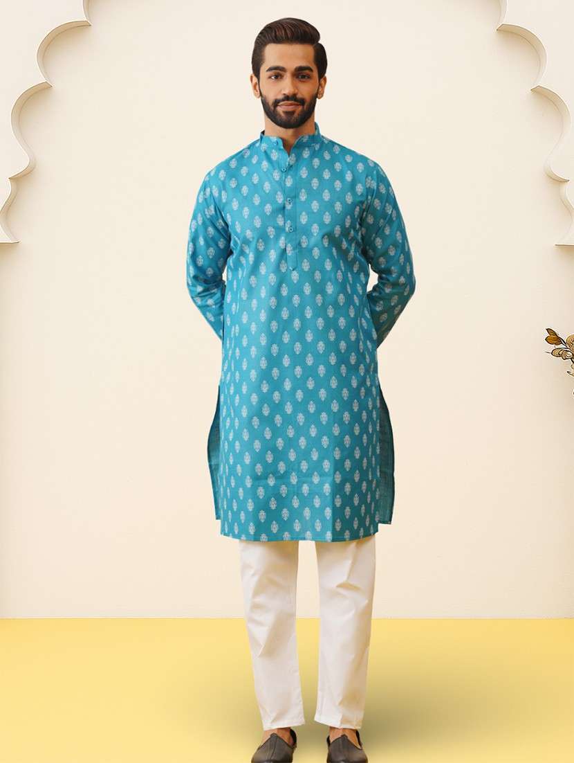 men printed long sleeves kurta pyjama set