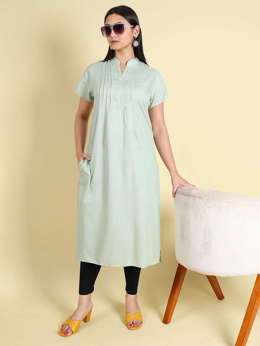 women solid short sleeves straight kurta