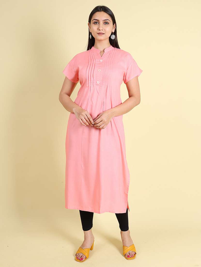 Women Solid Short Sleeves Straight Kurta - 22624778 -  Standard Image - 2