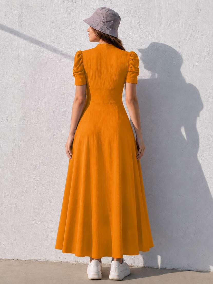 women solid puff sleeves fit and flare dress - 22624794 -  Standard Image - 2