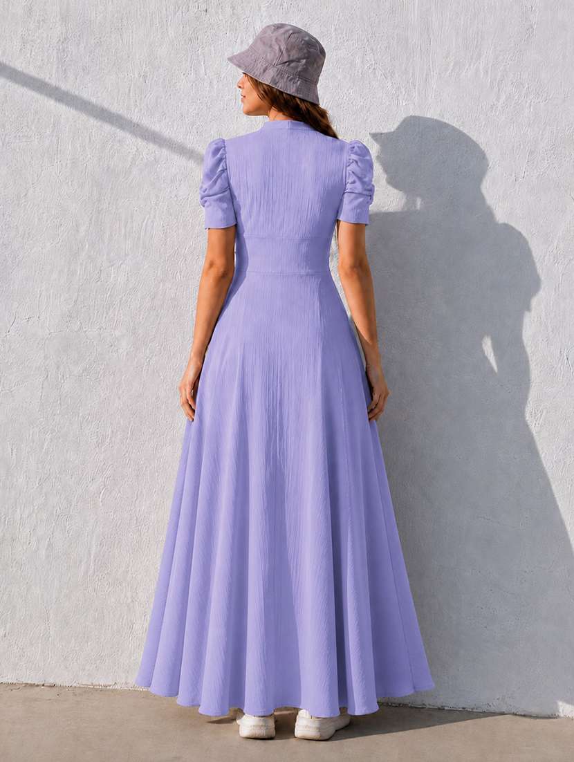 women solid puff sleeves fit and flare dress - 22624796 -  Standard Image - 2