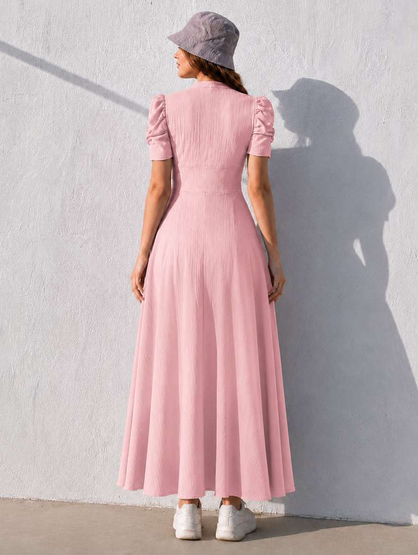 women solid puff sleeves fit and flare dress - 22624799 -  Standard Image - 2