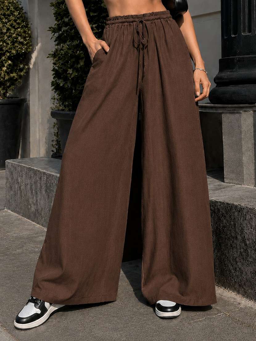 women solid high rise wide leg trouser