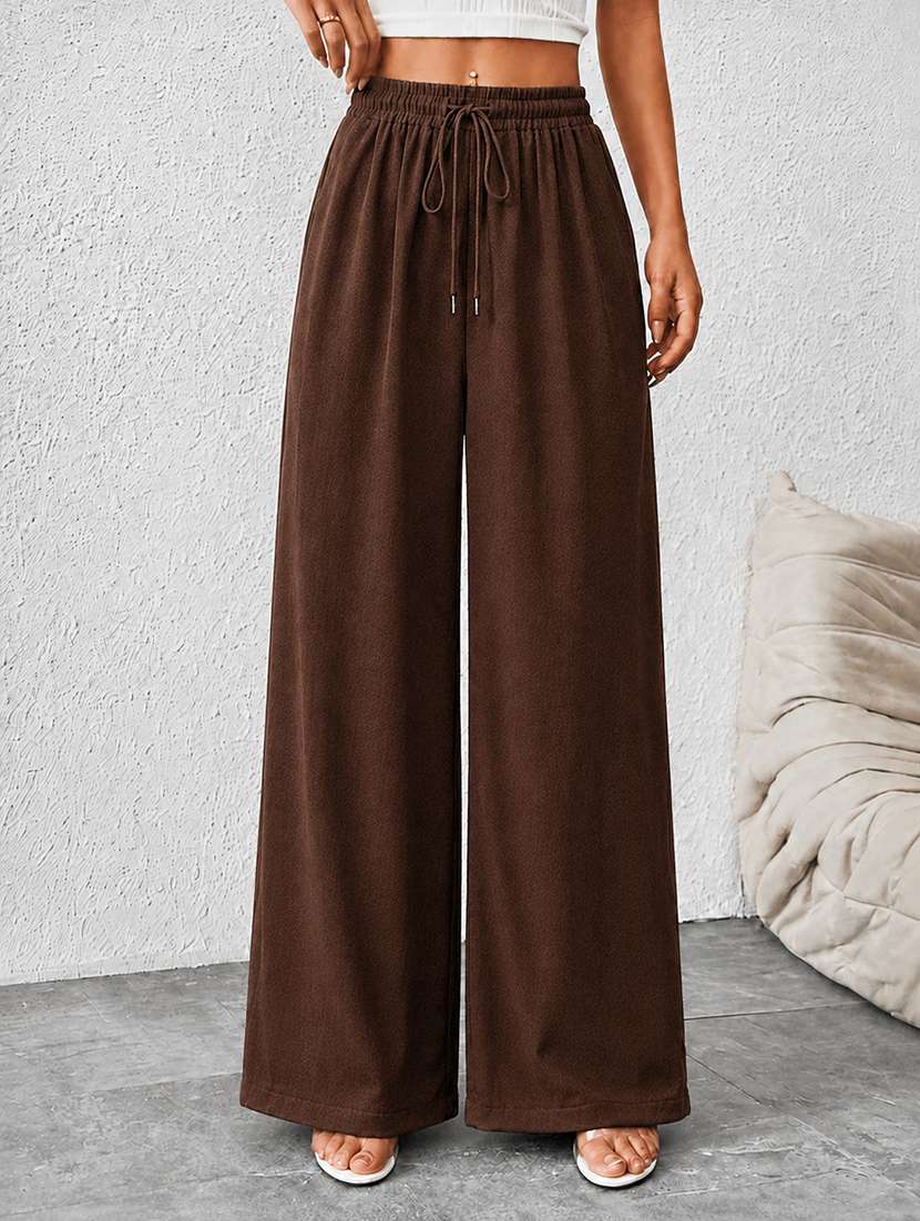 women solid high rise wide leg trouser