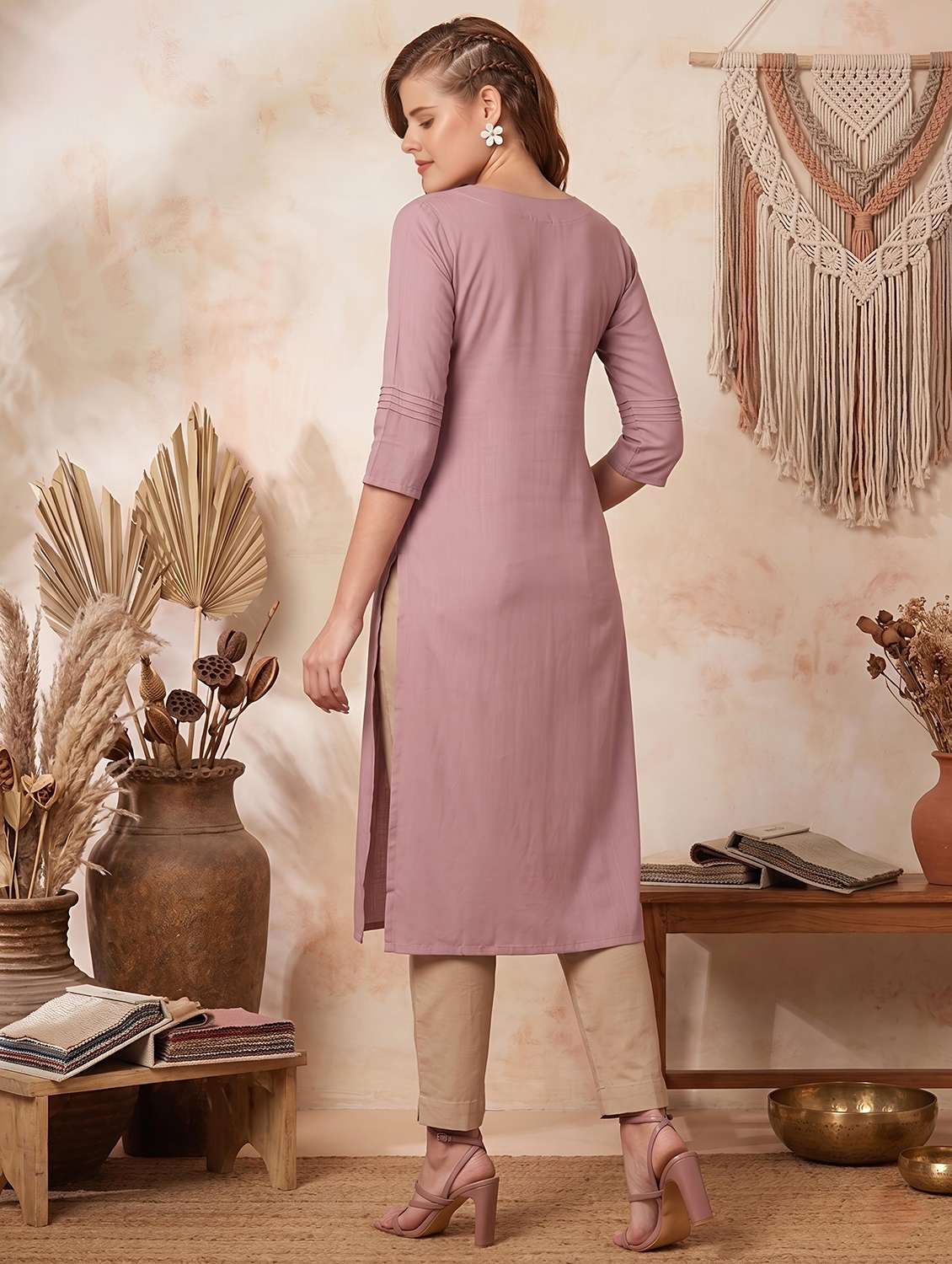 women solid three quarter sleeves straight kurta - 22625693 -  Standard Image - 2