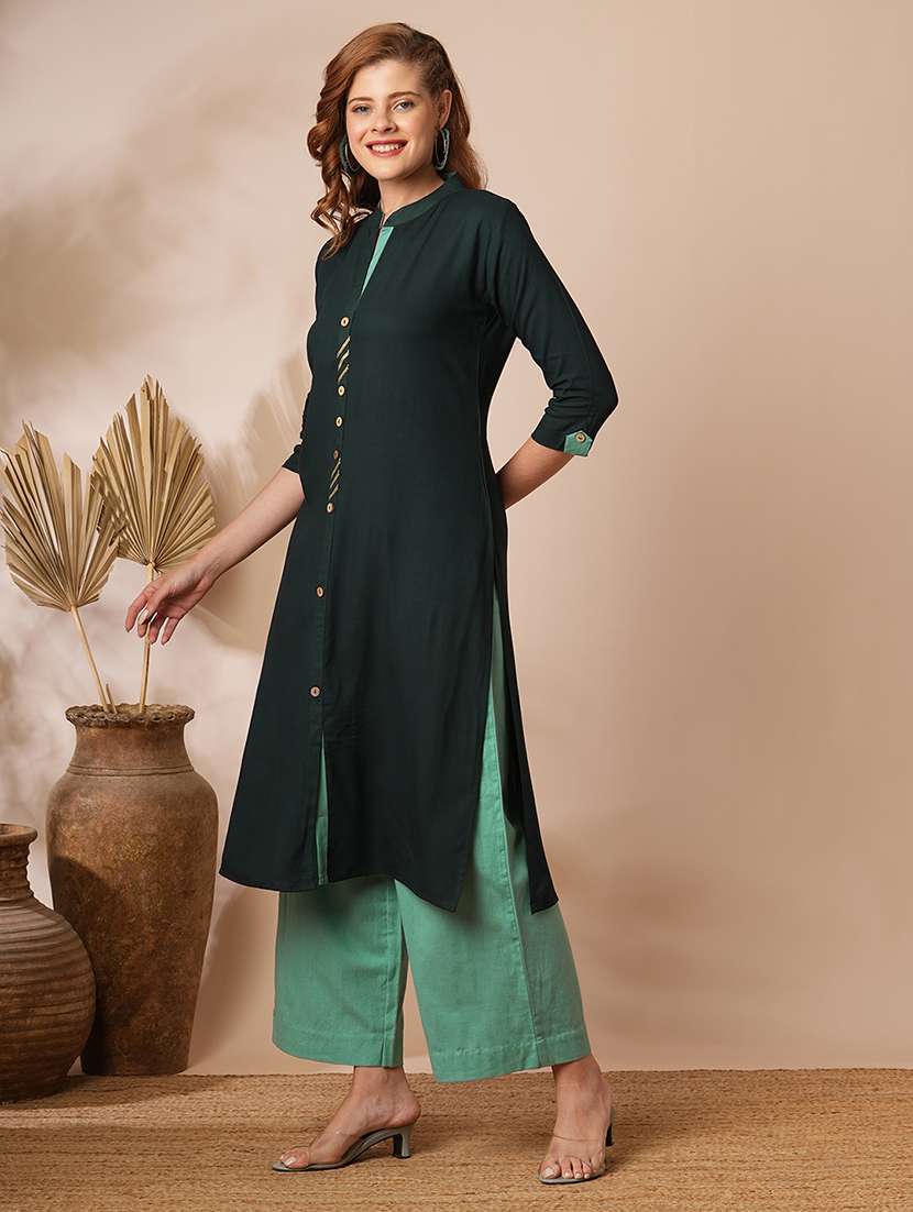 women solid three quarter sleeves straight kurta - 22625694 -  Standard Image - 2
