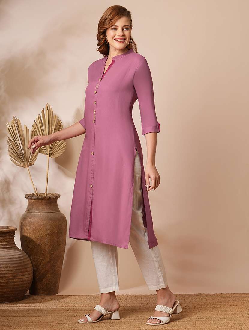 women solid three quarter sleeves straight kurta - 22625695 -  Standard Image - 2