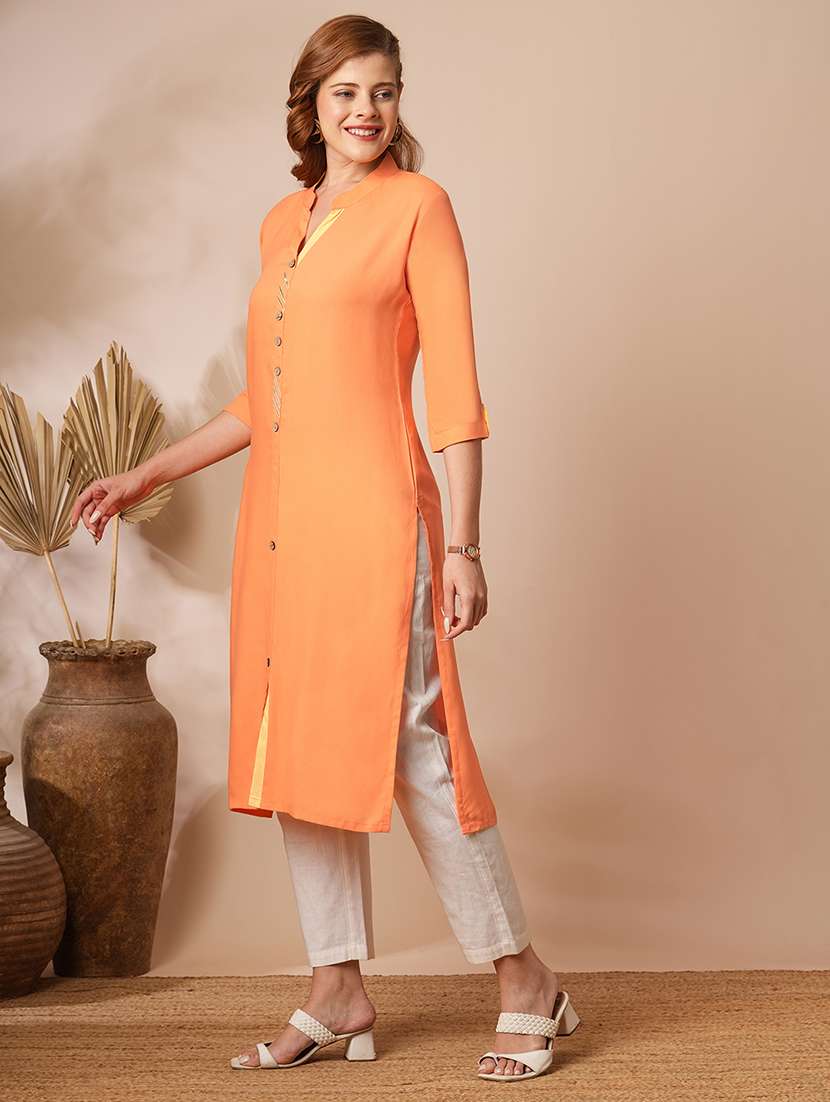 women solid three quarter sleeves straight kurta - 22625696 -  Standard Image - 2