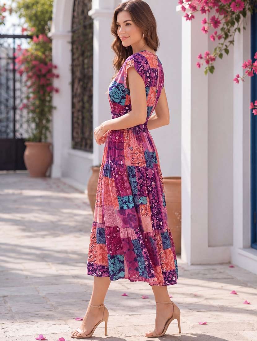 Women Printed V Neck Tiered Dress - 22626291 -  Standard Image - 2