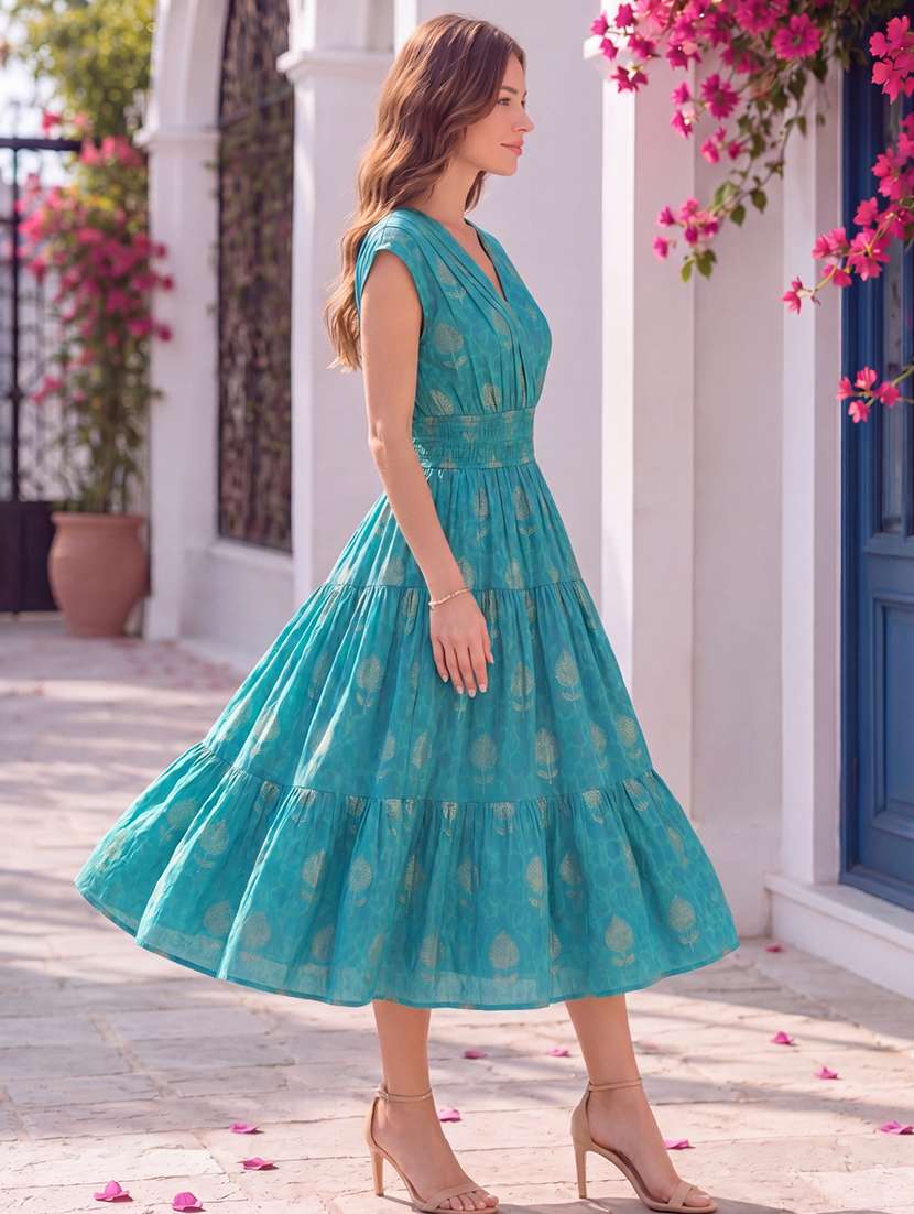women foil printed v neck tiered dress - 22626294 -  Standard Image - 2