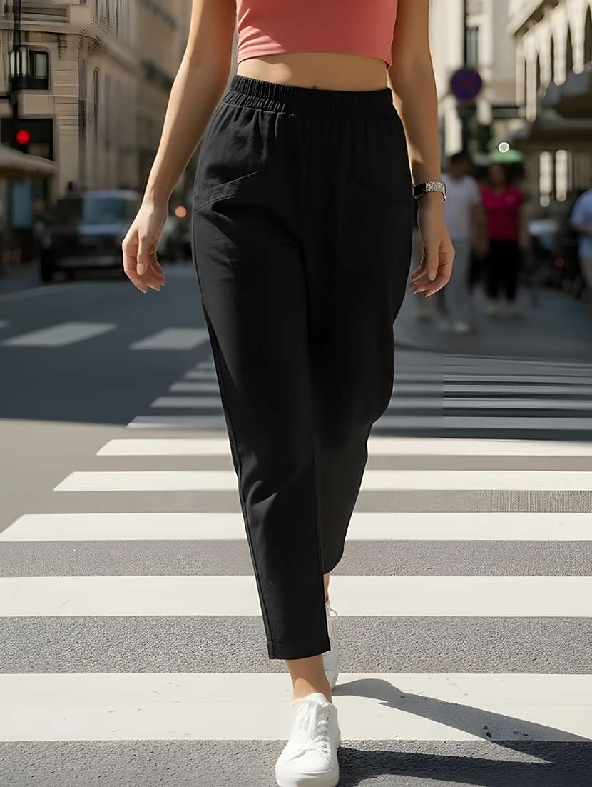 women solid mid rise cigarette pant