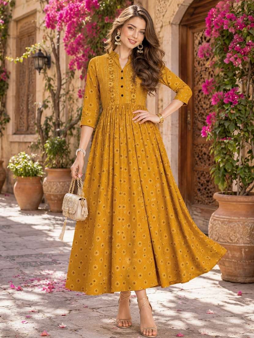 Women Printed Three Quarter Sleeves Anarkali Dress - 22626725 -  Standard Image - 2