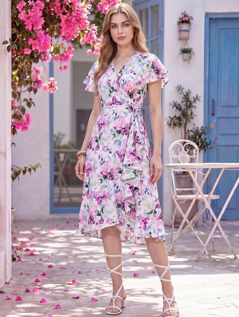 Women Floral Printed Flared Sleeves Wrap Dress - 22626810 -  Standard Image - 2