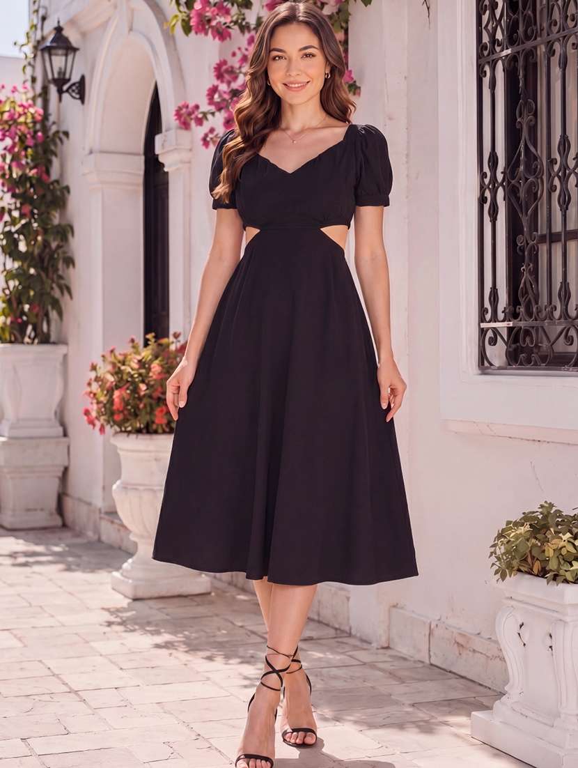 Women Solid Puff Sleeves Fit And Flare Dress - 22626818 -  Standard Image - 2