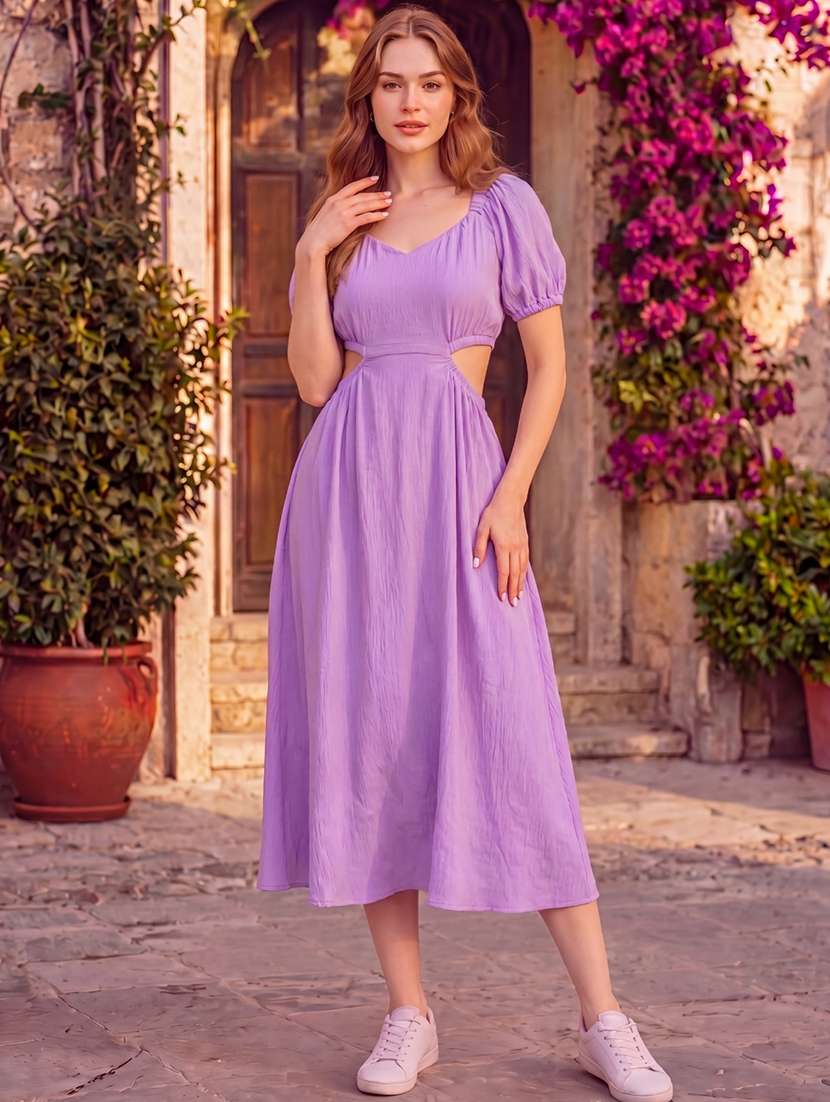 women solid puff sleeves fit and flare dress