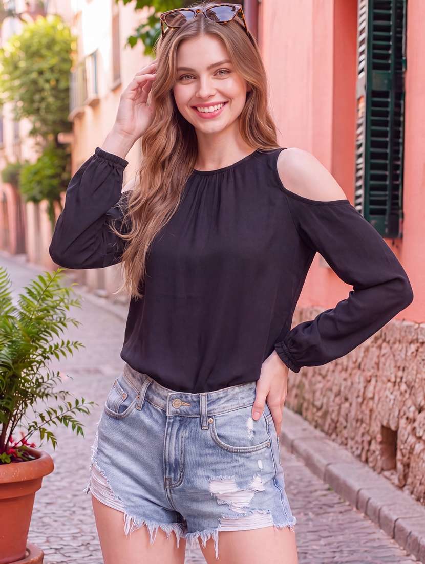 Women Solid Cold Shoulder Regular Top - 22626839 -  Standard Image - 2