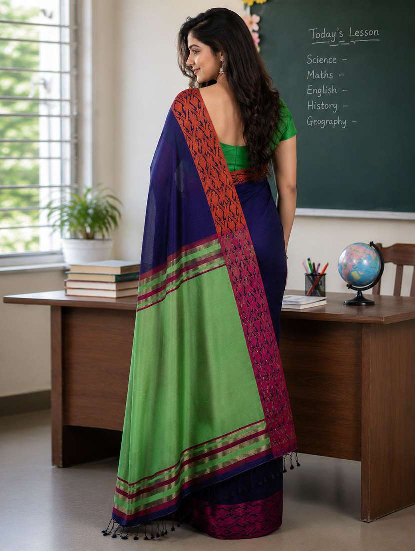 women solid with bordered handloom saree with blouse - 22626906 -  Standard Image - 2