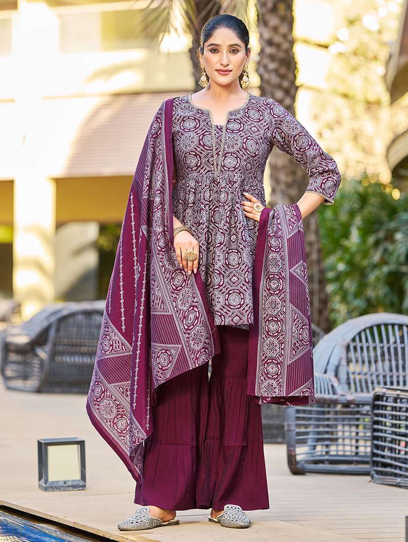 women printed three quarter sleeves kurta sharara set with dupatta