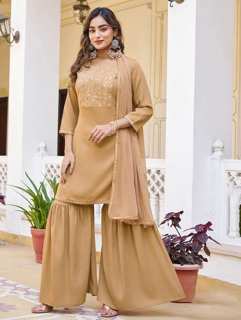 women embroidered three quarter sleeves kurta sharara set with dupatta