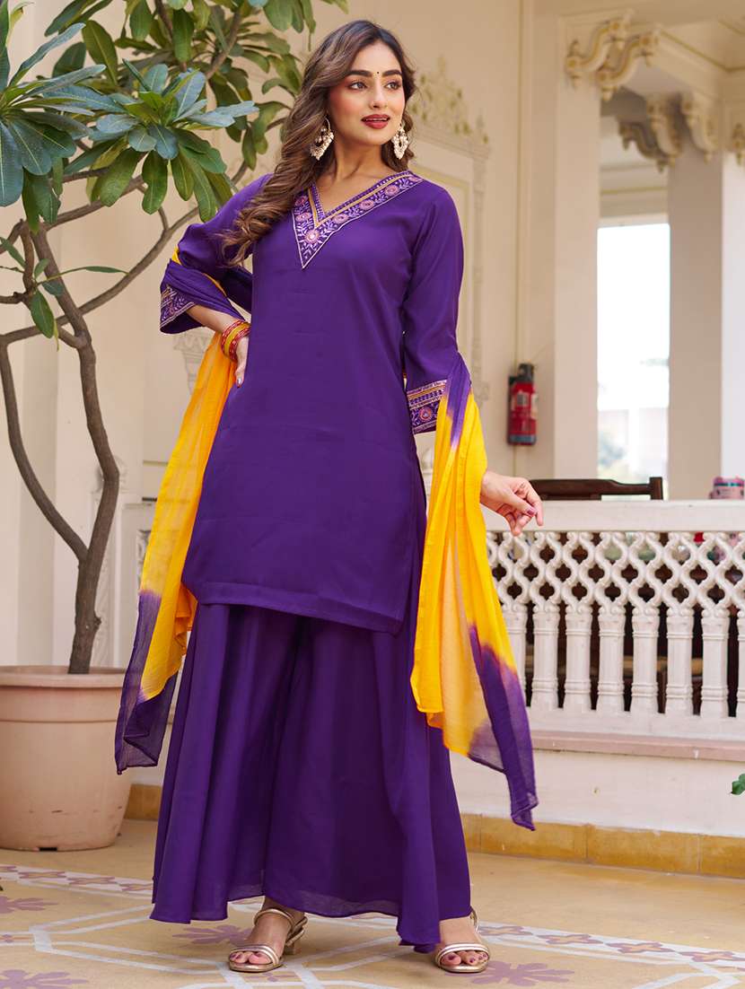 Women Embroidered Three Quarter Sleeves Kurta Palazzo Set With Dupatta - 22627119 -  Standard Image - 2