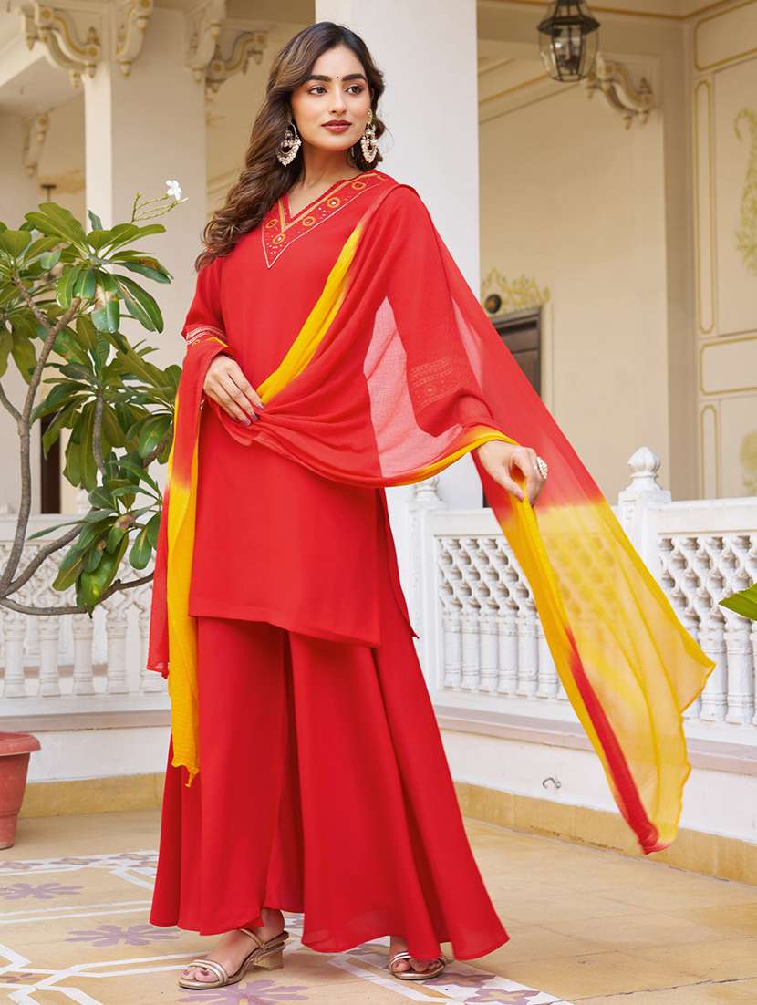 Women Embroidered Three Quarter Sleeves Kurta Palazzo Set With Dupatta - 22627120 -  Standard Image - 2