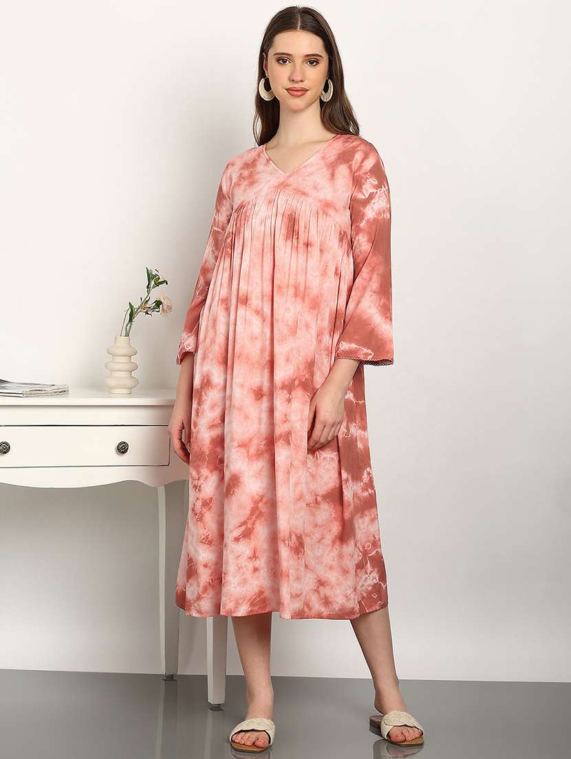 Women Tie And Dye Three Quarter Sleeves Flared Dress - 22627171 -  Standard Image - 2