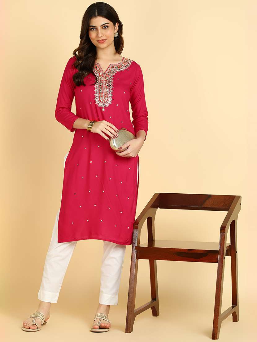 women embroidered three quarter sleeves straight kurta