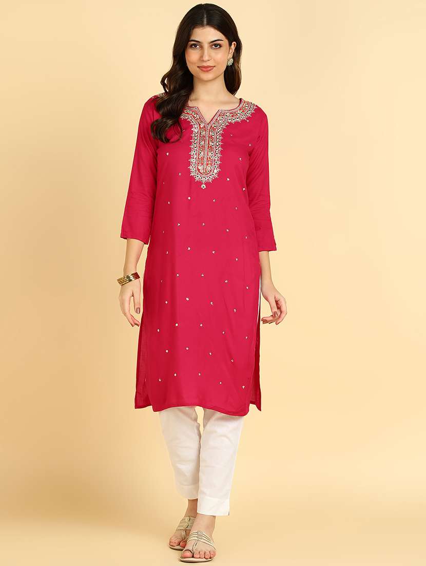 women embroidered three quarter sleeves straight kurta - 22627175 -  Standard Image - 2