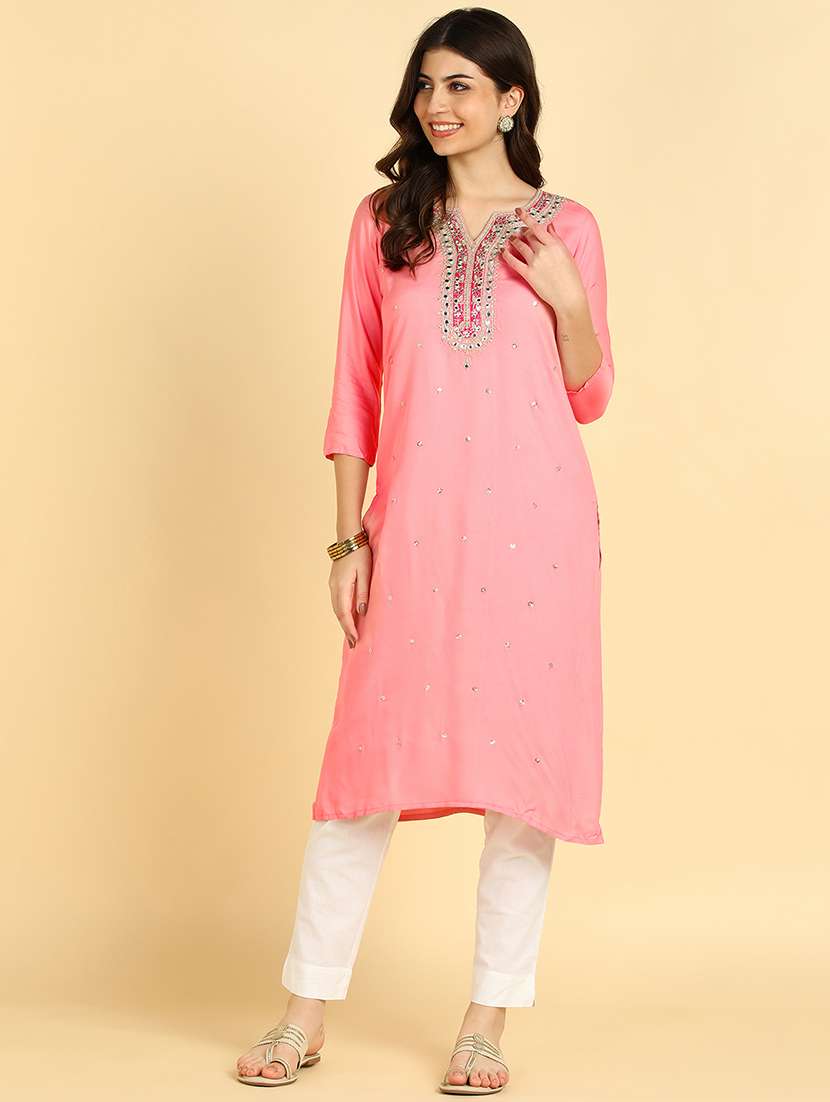 women embroidered three quarter sleeves straight kurta - 22627176 -  Standard Image - 2