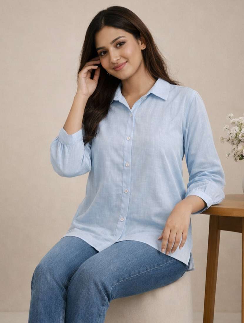 women solid three quarter sleeves regular shirt