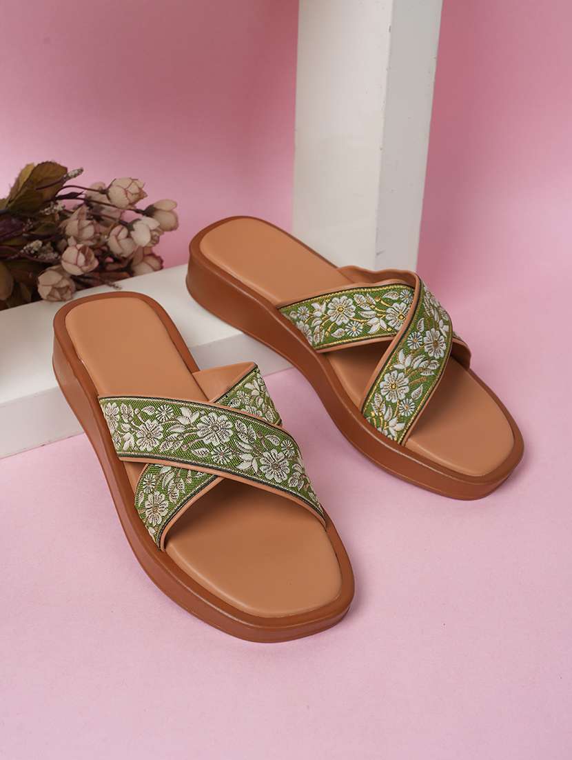 women embroidered slip on wedges