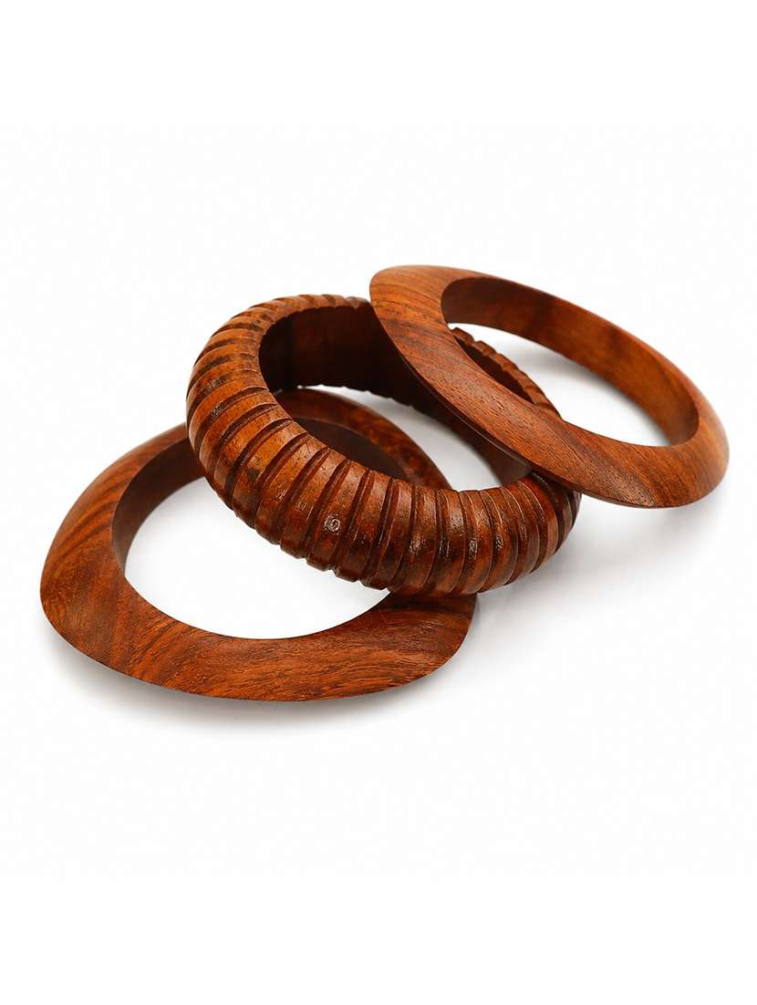 Brown Wood Carved Pattern Bangle Set - 22627804 -  Standard Image - 2