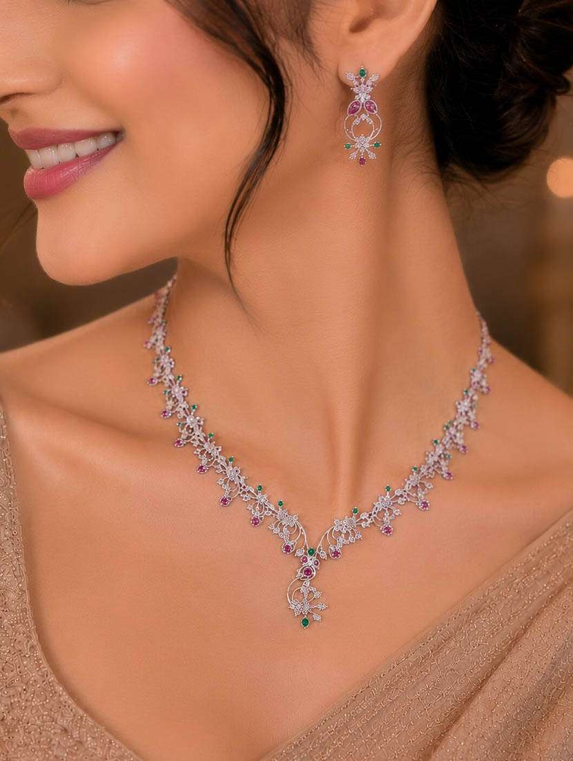 rhodium plated peacock design stone necklace set - 22627837 -  Standard Image - 2