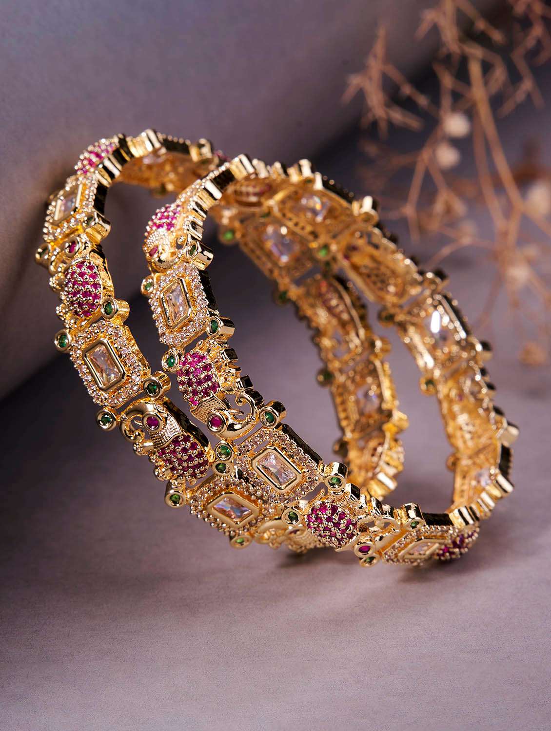 gold plated peacock kundan bangles set