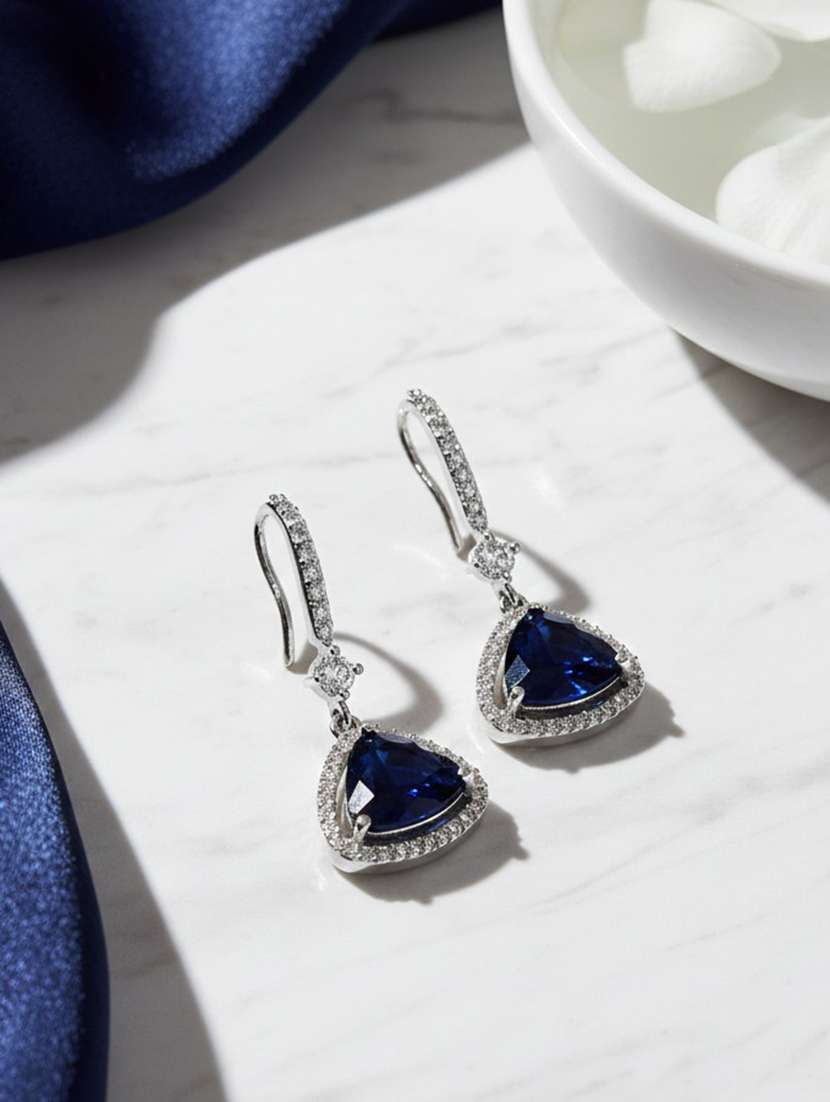 women blue triangle drop earrings 