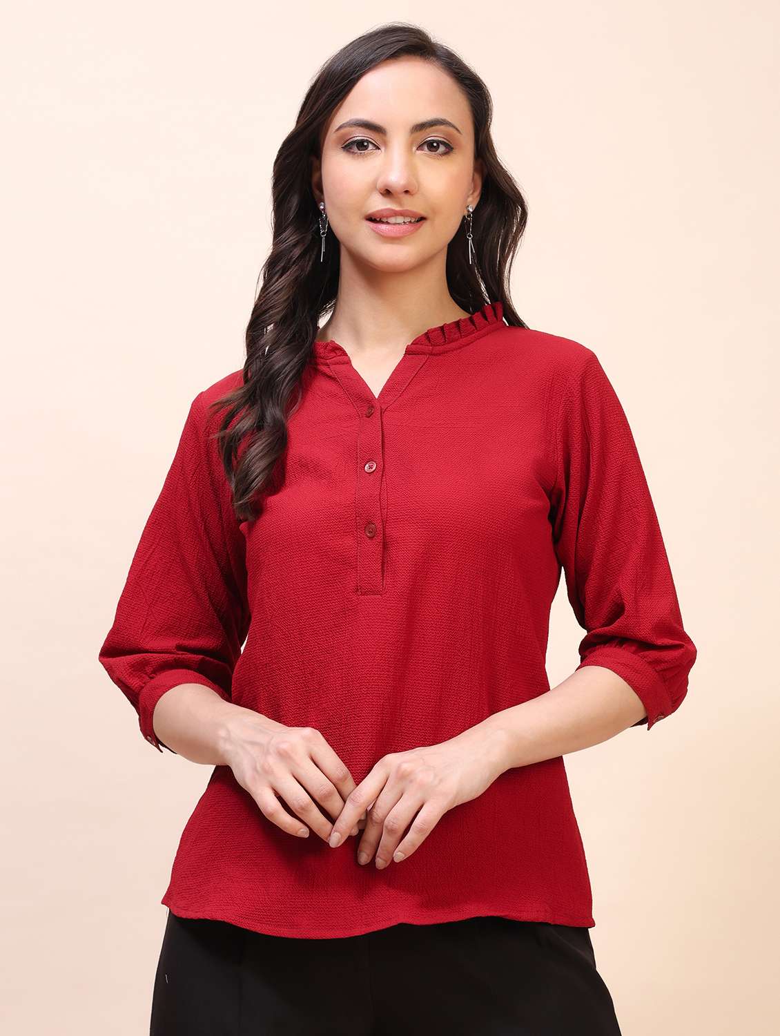 women solid three quarter sleeves regular top