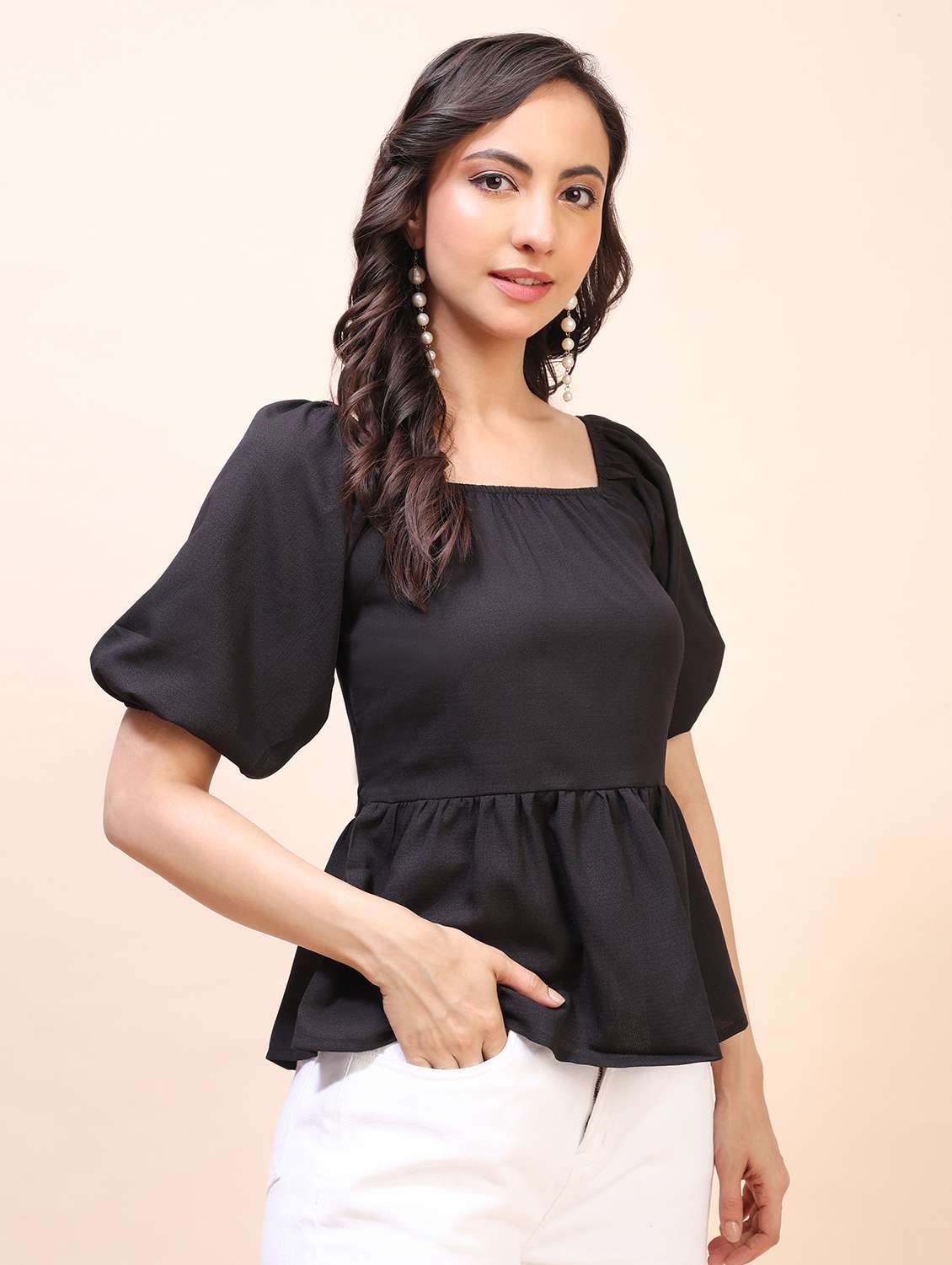 women solid short sleeves peplum top - 22635383 -  Standard Image - 2