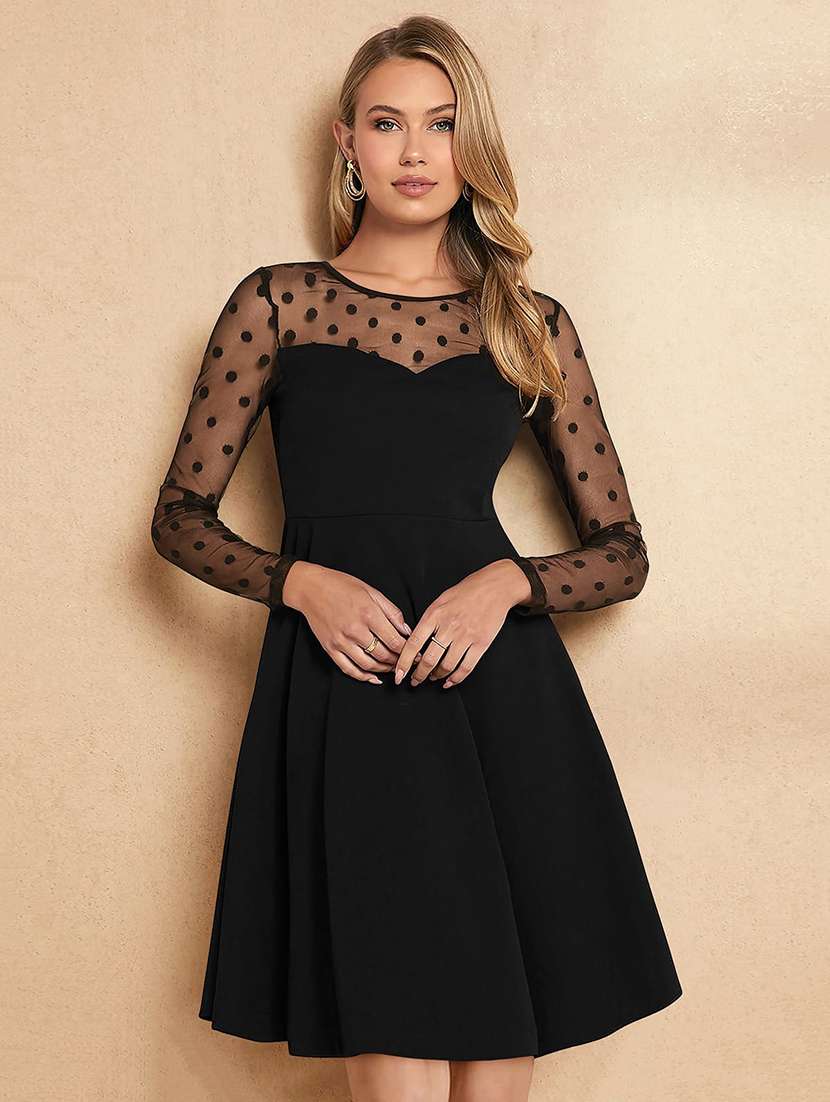 black polyester fit & flare dress