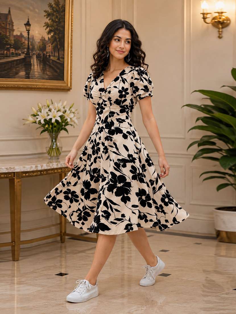 Women Printed Puff Sleeves Fit And Flare Dress - 22639141 -  Standard Image - 2