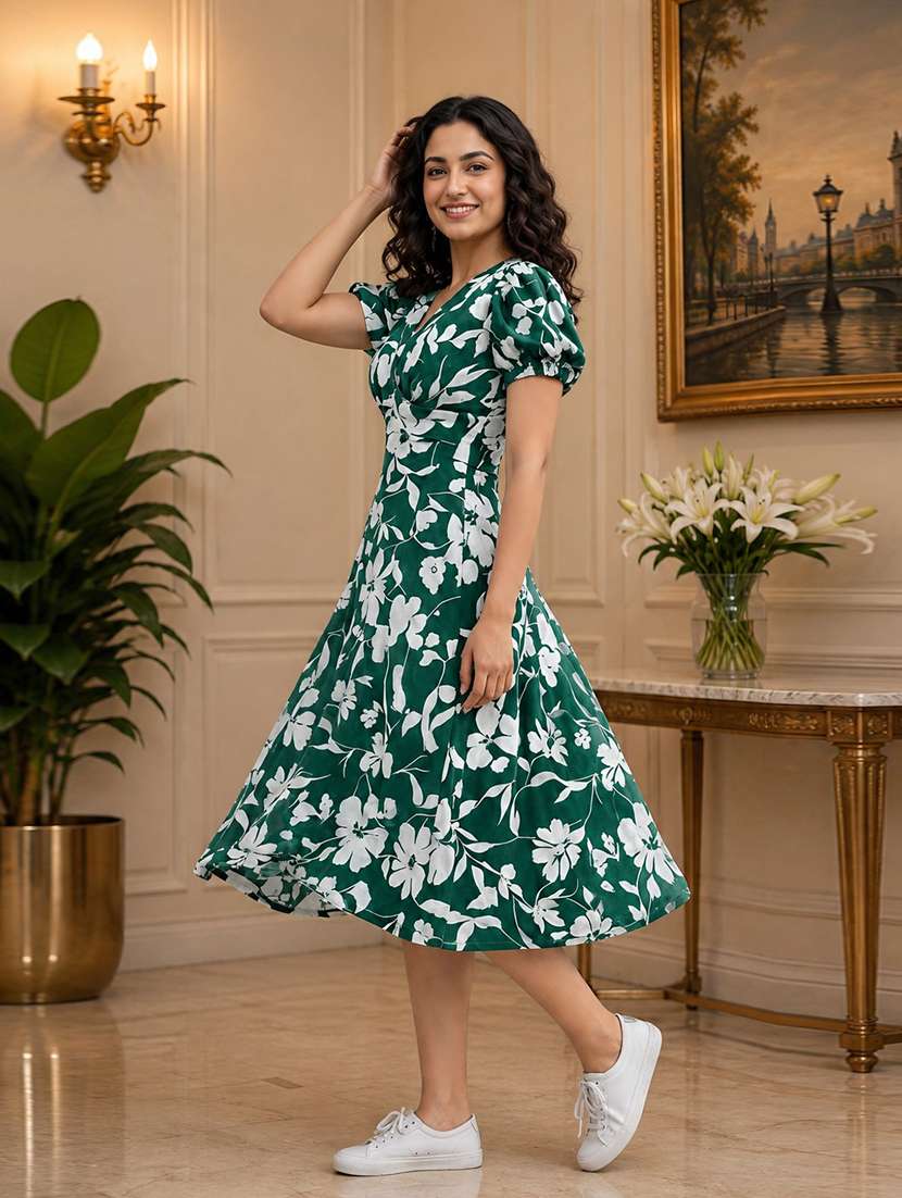 Green Polyester Fit & Flare Dress - 22639142 -  Standard Image - 2