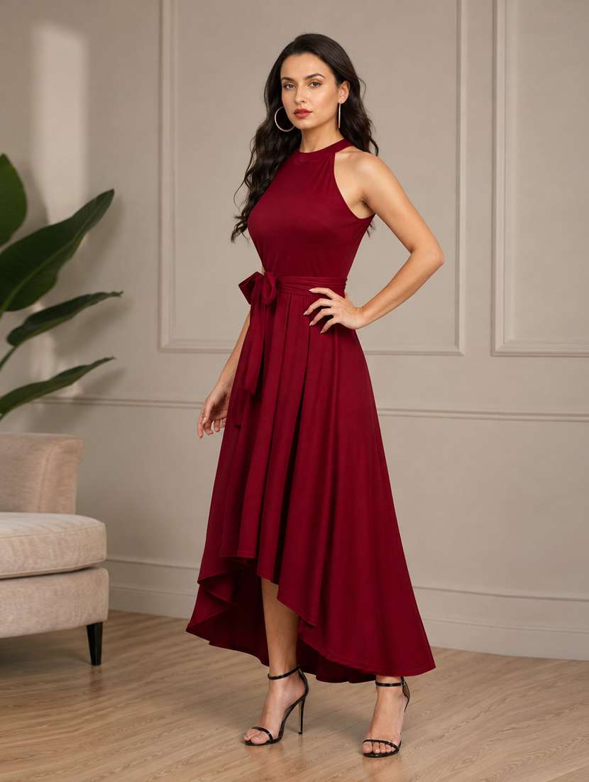 Maroon Polyester Fit & Flare Dress - 22639152 -  Standard Image - 2