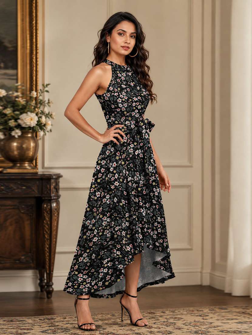 Women Floral Printed Halter Neck High Low Dress - 22639156 -  Standard Image - 2